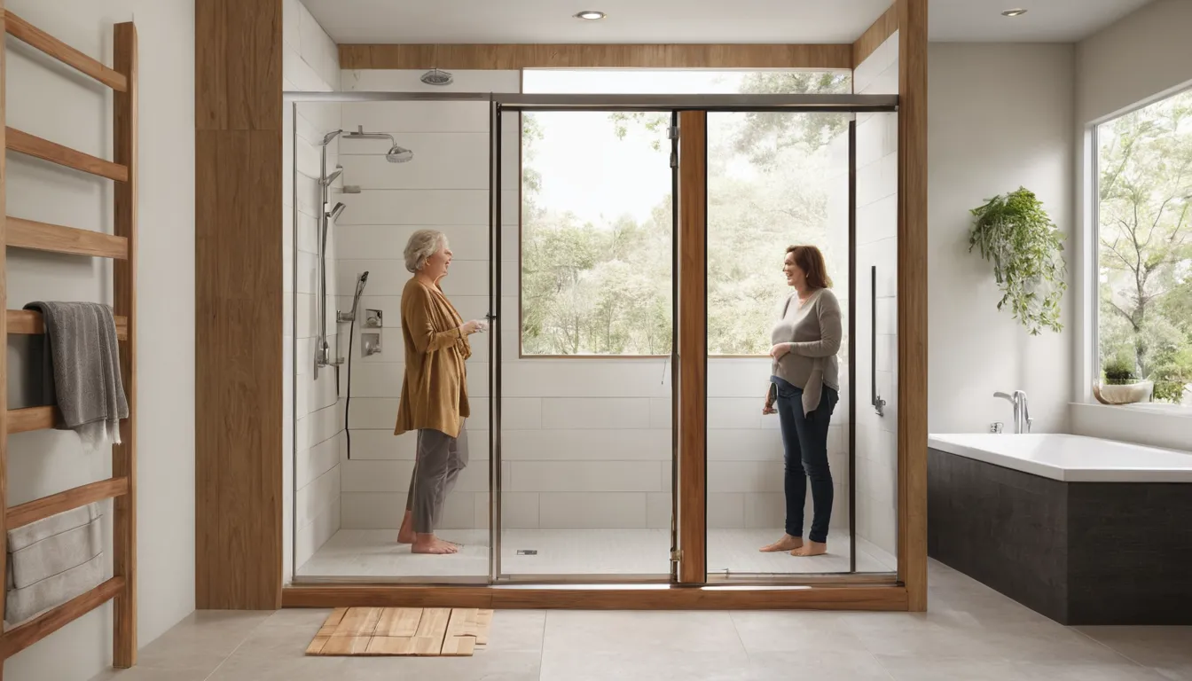A bright, accessible walk-in shower with a fold-down seat and grab bars in a Jordan home